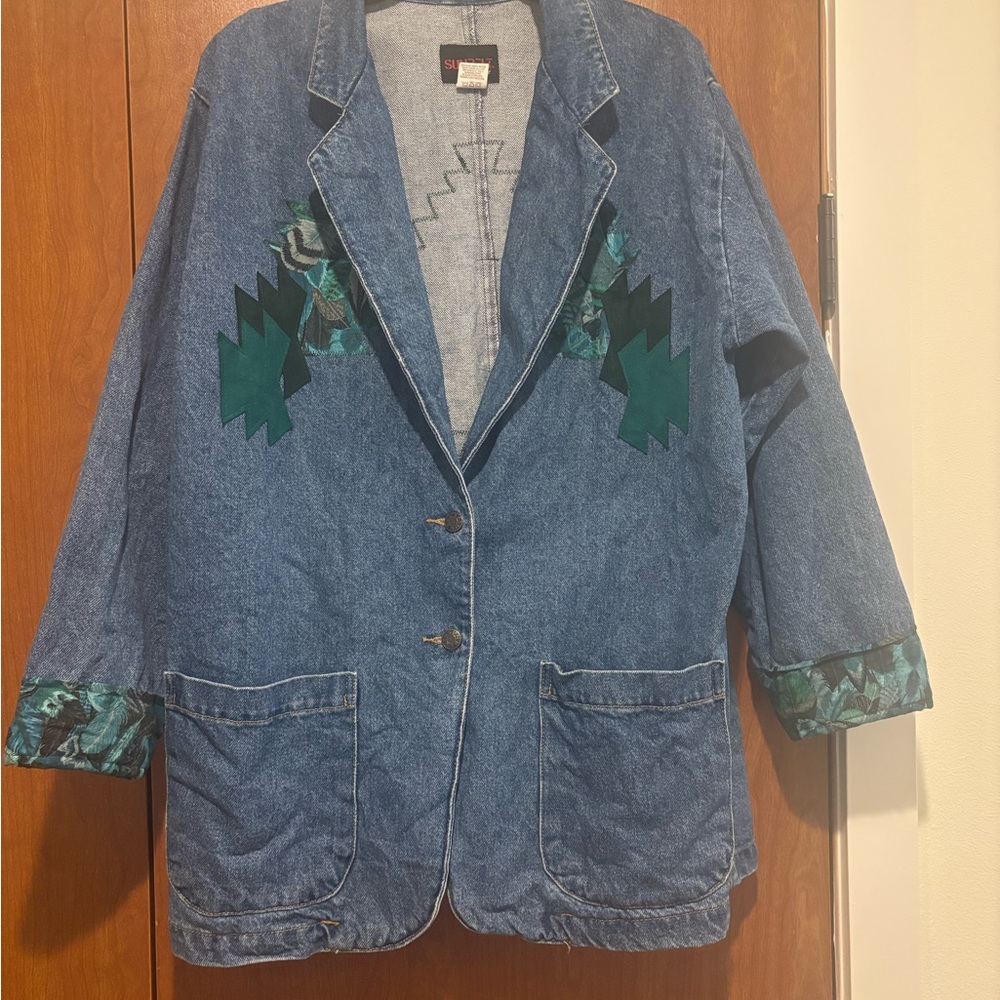 Vintage Denim Jacket with suede fringe patches and silver accent